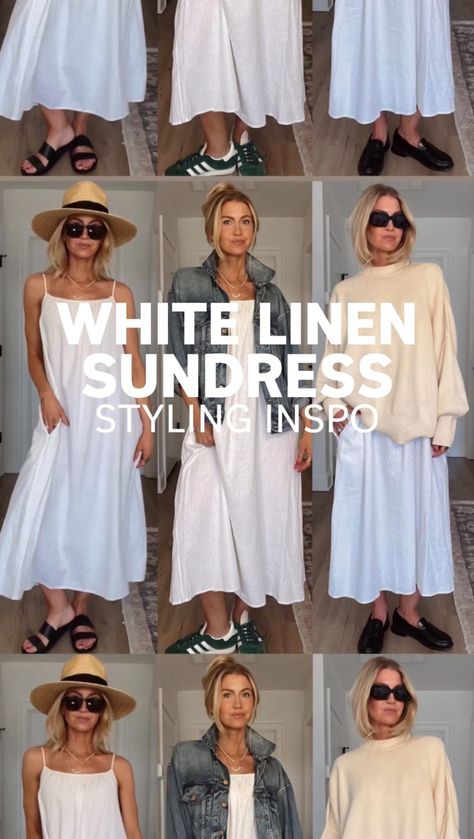 WHITE LINEN DRESS STYLING INSPO - Lifestyle Blog by Leanne Barlow Linen Dress Winter Outfit, Linen Dress Styling, Linen Beach Outfits, White Summer Dress Outfit, Button Up Layering, Wide Leg Denim Outfit, Long Summer Dress Outfits, Linen Dress Outfit, White Dress Outfit Summer