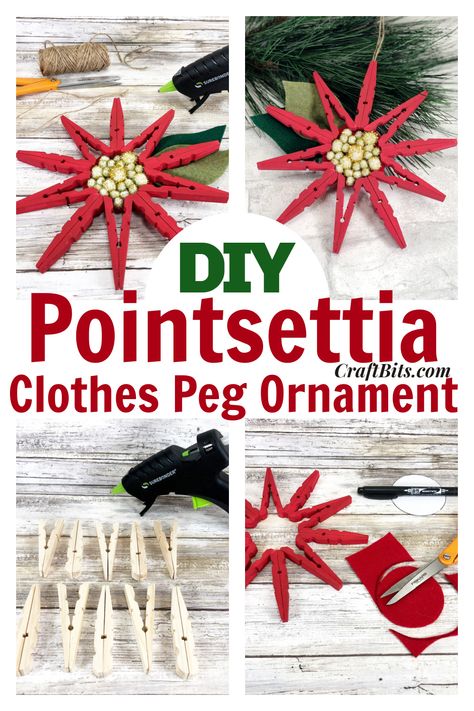 Poinsettia Ornaments, Christmas Clothespin, Clothes Pin Ornaments, Clothespin Ornaments, Clothespin Crafts Christmas, Diy Garlands, Clothespin Diy Crafts, Wooden Clothespin Crafts, Clothespin Art