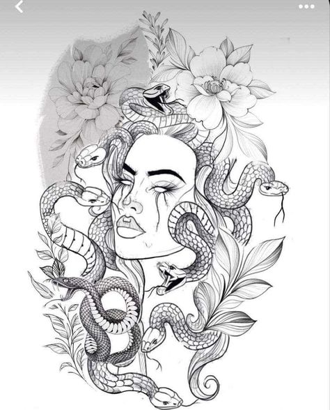 Medusa Tattoo With Flowers, Tattoos Sketches, Half Sleeve Tattoos Sketches, Side Thigh Tattoos, Medusa Tattoo Design, Hand Tattoos For Girls, Back Piece Tattoo, Forarm Tattoos, Tattoos For Women Half Sleeve