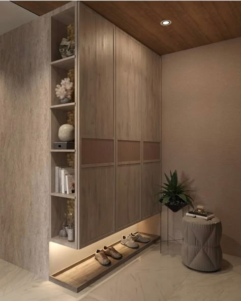 Wabi Sabi Entrance Foyer, Console Shoe Storage, Wabi Sabi Closet, Japandi Foyer, Shoe Storage Entrance, Japandi Entrance, Shoe Rack Entrance, Island Apartment, Shoe Cabinet Design