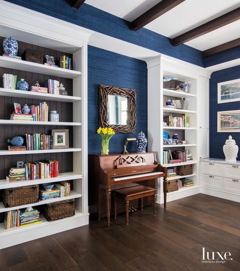 Bookcase Around Piano, Built Ins Around Piano, Piano In Library, Small Piano Room, Piano Nook, Piano Room Design, Hamptons Vibe, Piano Living Rooms, Harris House