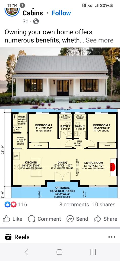 Kitchen Dining Living Room, Kitchen Dining Living, Vaulted Ceiling, Covered Porch, Sloped Ceiling, House Plans, Porch, Kitchen Dining, Fireplace