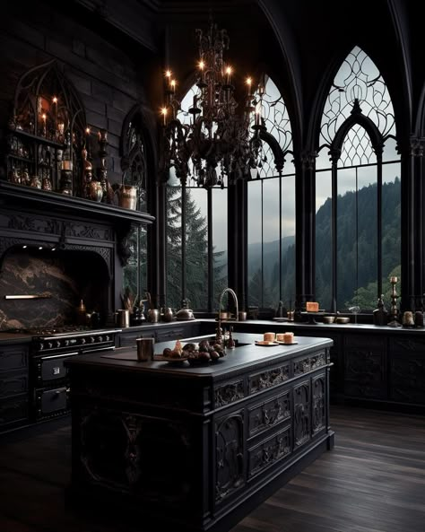 Gothic Style Interior Design, Dark Themed Kitchen, Gothic Victorian Kitchen, Gothic Mansion Exterior, Gothic House Aesthetic, Modern Gothic Kitchen, Gothic Kitchens, Gothic Mansion Interior, Gothic House Interior