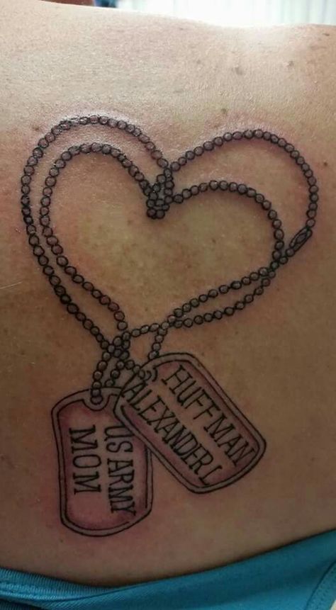 Army Mom Tattoo - Dog Tags  Phillips Ink Army Wife Tattoo For Women, Army Mom Tattoos Sons, Dog Tag Tattoos For Women, Marine Mom And Son Tattoos, Army Mom Tattoos, Dog Tags Tattoo For Women, Navy Mom Tattoo Ideas, Grandparent Tattoos, Isaiah Tattoo