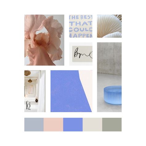 Beautiful spaces can promote healing and well-being. That's the basic philosophy behind this brand identity design project for a talented commercial interior designer in North Carolina. The moodboard images are very fluid and filled with subtle textures. The color palette is soothing, but not boring. The injection of the bright periwinkle injects a dose of fun & cheerfulness, and helps this brand to stand out. #moodboardmonday #moodboard #colorpalette #branding #brandstrategy Branding Kit, Commercial Interior Design, Subtle Textures, Brand Identity Design, Brand Strategy, Beautiful Space, Commercial Interiors, Identity Design, Mood Boards