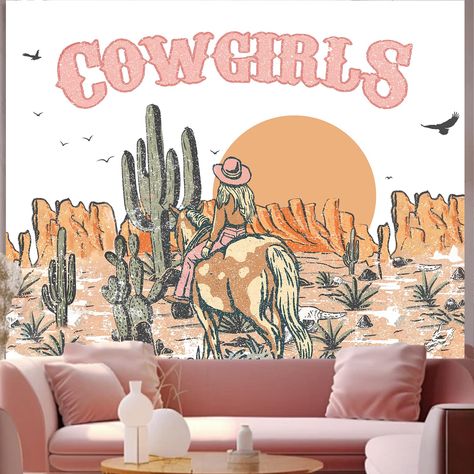 PRICES MAY VARY. Unique Pattern: This western cowgirls tapestry is a pattern composed of desert, cowboy girls riding horses, cacti, and rare plants in the desert. Showcased us the unique silhouette and pattern of a cowboy girl walking alone in the desert Premium Material: The retro cowgirls wall tapestry is made of premium polyester fabric, which is soft and durable and not easy to wrinkle. It really is a good decoration for your home Multi-Use: Not only can you use the home decor to decorate yo Western Cowboy Decor, Cowgirl Chic Decor, Girls Riding Horses, Cactus Backdrop, Cowgirl Room Ideas, Western Chic Decor, Room Decor Western, Cowgirl Room Decor, God Zilla