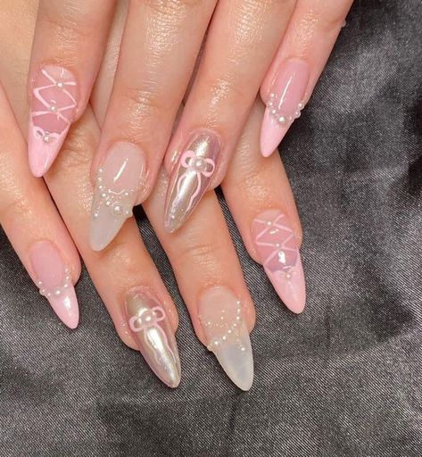 Coquette Aesthetic Nails, Being Girly, Cute Pink Nails, Aesthetic Nails, Grunge Nails, Pretty Gel Nails, Pearl Nails, Soft Nails, Ballerina Nails