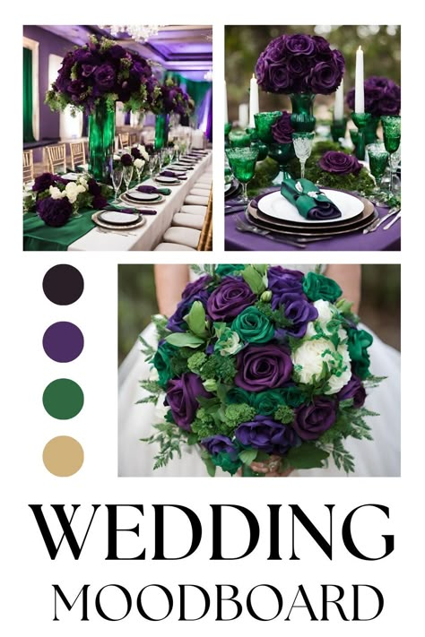 Black Gold Purple Green Wedding, Emerald Green Purple Gold Wedding, Emerald Green And Dark Purple Wedding Theme, Emerald Green And Purple Wedding Decor, Green And Purple Fall Wedding, Emerald Green And Purple Wedding Theme, Purple And Emerald Wedding, Forest Green And Purple Wedding, Purple And Emerald Green Wedding