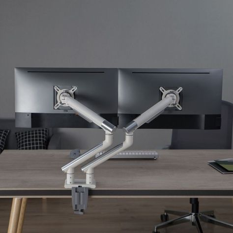 Alterzone Arm Duo dual aluminum monitor arm, White in 2022 | Dual monitor arms, Monitor arms, Aluminum Monitor Installation, Dual Monitor Setup, Dual Monitor Arms, Spring Mechanism, Monitor Arm, Dual Monitor, Home Library Design, Adjustable Height Table, Gaming Room Setup