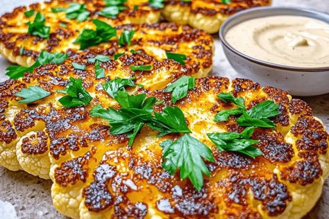 Discover a delicious roasted cauliflower steak recipe topped with a creamy garlic tahini drizzle. Perfect for vegans, healthy, and flavorful! Cauliflower Steak Recipes, Tahini Drizzle, Housewife Recipes, Cauliflower Steaks Recipes, Cauliflower Steak, Roasted Cauliflower Steaks, Dish Ideas, Cauliflower Steaks, Baked Cauliflower