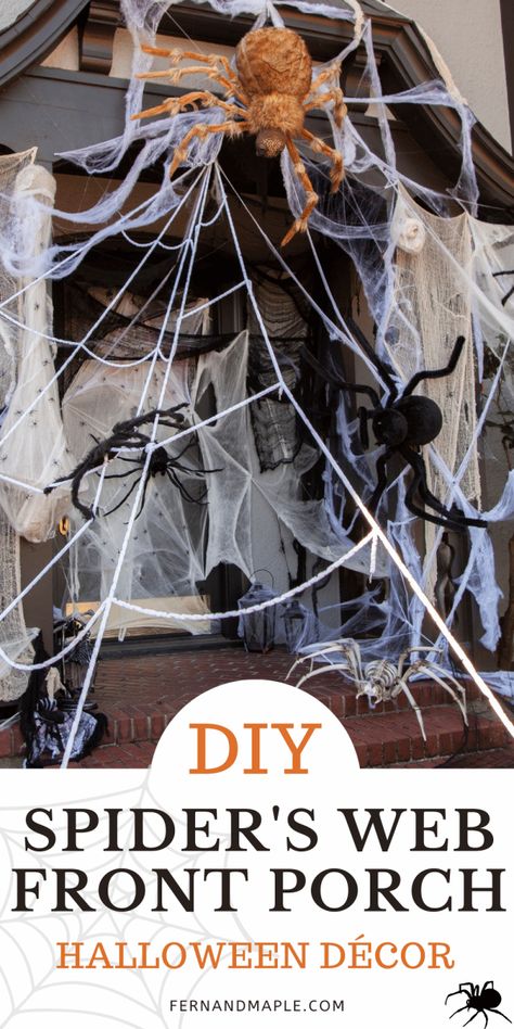 How to create a giant DIY Spider's Web Halloween Front Porch with tons of spiders to creep out trick-or-treaters this year! Get all the details and tons more Halloween inspiration now at www.fernandmaple.com. Porch With Lights, Faux Candles, Halloween Front Porch Decor, Halloween Front Porch, Halloween Decorating, Halloween Spider Web, Halloween Inspiration, Halloween Deco, Trick Or Treater