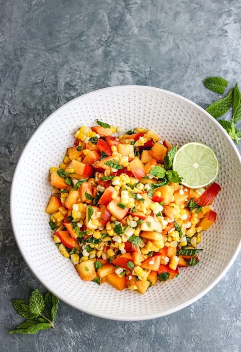 Nectarine Corn Salsa is the perfect balance of sweet and savory! This healthy salsa is packed full of bright summer flavors, and it will add so much freshness to all of your dishes. | #fruit #sweetandsavory #summer #howisummer #nectarine #sweetcorn #sidedish #snack #glutenfree #healthy #salsa #vegan #vegetable #topping Nectarine Salsa, Healthy Salsa, Corn Salsa Recipe, Summer Flavors, Holiday Dessert Recipes, Fruit Salsa, Corn Salsa, Organic Foods, Healthy Bites