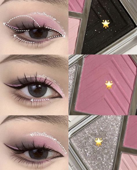 Eyeshadow Art Ideas, Pink Black Eye Makeup, Hot Pink Eyeshadow Looks Step By Step, Black And Pink Makeup, Black Pink Makeup, Pink And Black Makeup, Gyaru Makeup, Learn Makeup, Doll Eye Makeup