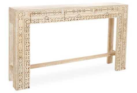 Violet Hand-Carved Console, Whitewash Bohemian Entryway, Console Table Living Room, Entry Furniture, Entertaining Kitchen, Wood Console Table, Wood Console, Family Room Design, Center Table, Dining Room Design