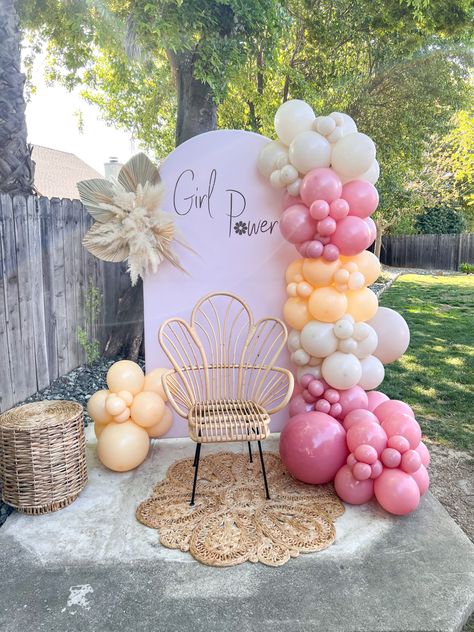 Girl Power Baby Shower Theme, Girl Power Baby Shower, Simple Baby Shower Backdrop, Hippie Baby Shower, Baby Dedication Party, 1st Birthday Girl Decorations, Garland Backdrops, Wedding Backdrop Design, Gender Reveal Decorations