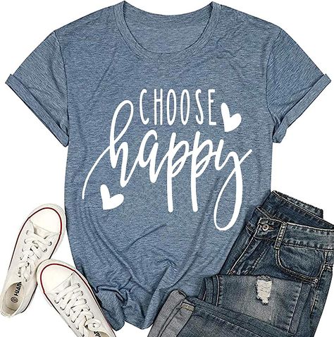 Graphic Tees for Women Choose Happy Letter Print Shirts Funny Love Heart Women T Shirt Inspirational Short Sleeve Tops Graphic Shirts Women, Graphic Tees For Women, Girls Trip Shirts, Graphic Print Shirt, Inspirational Tshirts, Cute Graphic Tees, Novelty Shirts, Heart Women, Short Sleeve Tops