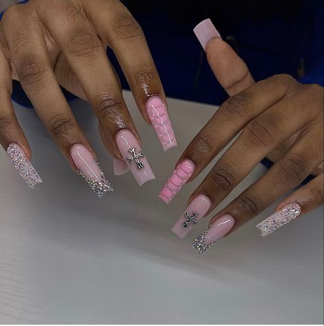 Pink Nails Chrome Hearts, Chrome Heart Nails Pink, Pink Chrome Heart Nails, Chrome Heart Nails Designs, Acrylic Nails Long Pink, Nails Chrome Heart, Pink Nails Chrome, Chrome Hearts Nails, Chrome Heart Nails