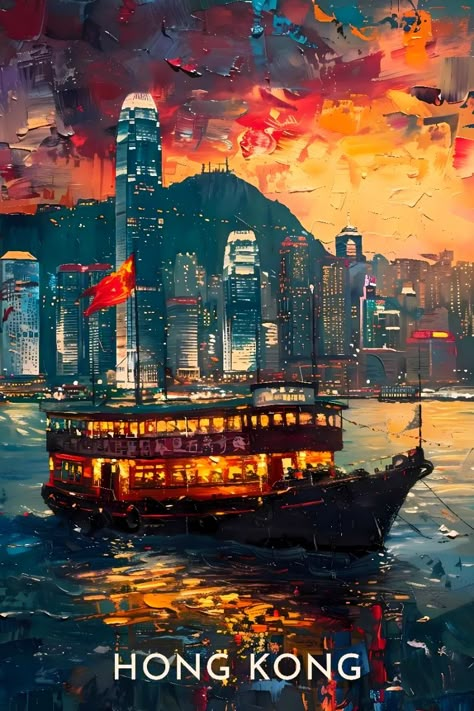 Hong KOng digital travel poster, wall print, instant download on Etsy. Digital Art Painting, Hong Kong Travel, Singapore Travel, China Hong Kong, Travel Outdoors, Vintage Travel Poster, Sunset Pictures, And So The Adventure Begins, Travel Memories