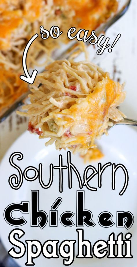 Southern Chicken Spaghetti, Creamy Chicken Spaghetti Recipe, Creamy Chicken Spaghetti, Use Rotisserie Chicken, Rotel Chicken Spaghetti, Easy Chicken Spaghetti, Baked Chicken Spaghetti, Chicken Spaghetti Recipe, Rotel Recipes