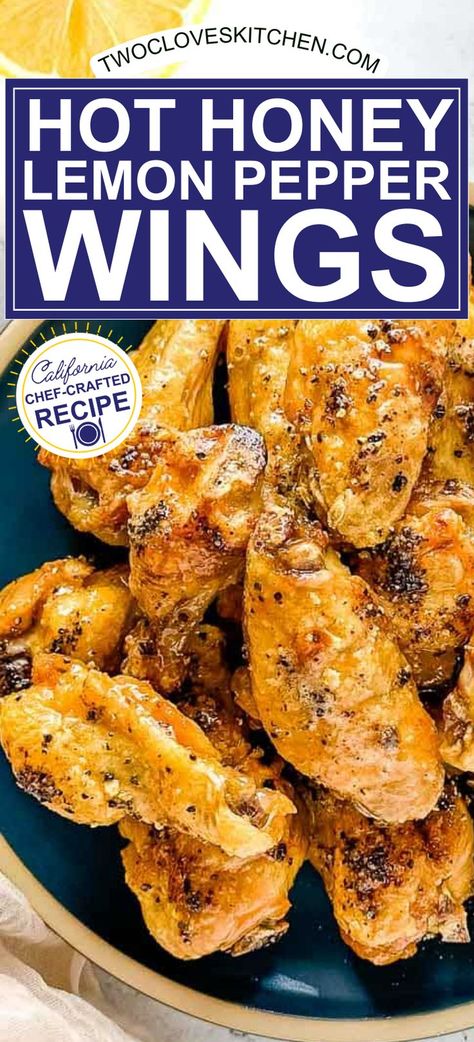 These hot honey lemon pepper wings are a crispy, sweet, savory, and tangy treat. You can make the wings for an appetizer for game day, serve them for dinner at home, or for lunch with friends! Keep reading for the secret to reliably crispy wings every time. This recipe produces perfectly crispy wings every time. The wings are coated in bright, tangy, bold lemon pepper seasoning and tossed in a sweet and spicy hot honey and butter sauce. | @twocloveskitchen #GameDayFood #CrispyChickenWings Hot Honey Lemon Pepper Chicken, Honey Lemon Pepper Sauce, Chicken Recipes For Meal Prep, Hot Honey Lemon Pepper Wings, Honey Lemon Pepper Chicken, Fresh Chicken Wings, Wings Recipe Easy, Lemon Pepper Wings Recipe, Game Day Dinner