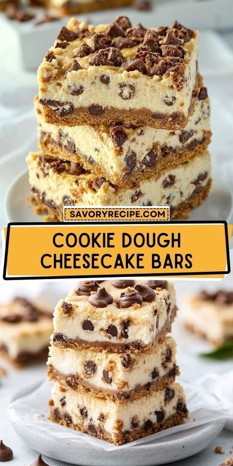 Want to elevate your dessert game? These Cookie Dough Cheesecake Bars are a mouthwatering mix of flavors and textures that will satisfy any sweet tooth. Make sure to save this recipe so you can whip up these delightful dessert bars whenever the craving strikes! Cookie Crust Dessert, Cookie Dough Cheesecake Bars, Cookie Dough Desserts, Desserts To Bake, Easy Cookie Dough, Cookie Dough Cheesecake, No Bake Cookie Dough, Rich Cheesecake, Brown Butter Cookies