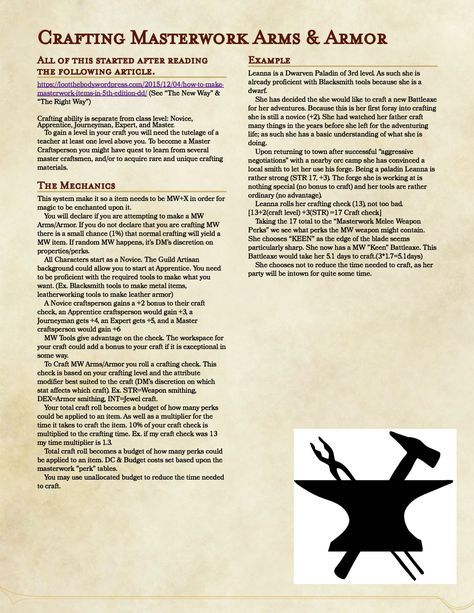 DnD 5e Homebrew — Crafting Masterwork Arms and Armor by Bobojo19 Dnd Armor, Dnd Things, Dnd Homebrew, Novel Inspiration, Data Map, Dungeon Master's Guide, Dnd Classes, Dungeons And Dragons 5e, Campaign Planning