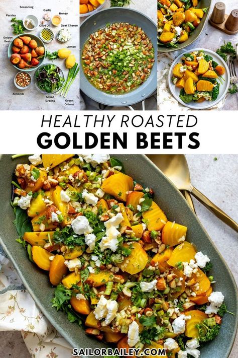 Roasted Golden Beets make a beautiful salad recipe, side dish or appetizer. They are easy to make, juicy and flavorful. This is the perfect party food that is sure to impress everyone! Plus, it's gluten-free, healthy, and can easily be made vegan/dairy-free. Menstrual Recipes, Golden Beets Recipe, Golden Beets Salad, Roasted Golden Beets, Sailor Bailey, Beet Salad Recipes, Golden Beets, Beautiful Salad, Beet Recipes