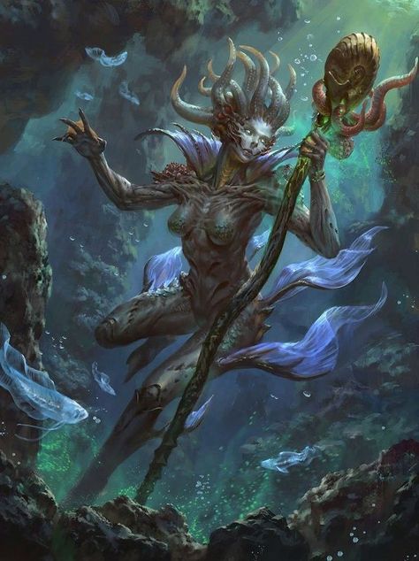 Female underwater character with staff DnD / Pathfinder character Underwater People, Underwater Character, Underwater Humanoid, Dnd Underwater Races, Humanoid Water Creature, Dnd Underwater, Underwater City Concept Art, Underwater Humanoid Creatures, Water Monster Dnd