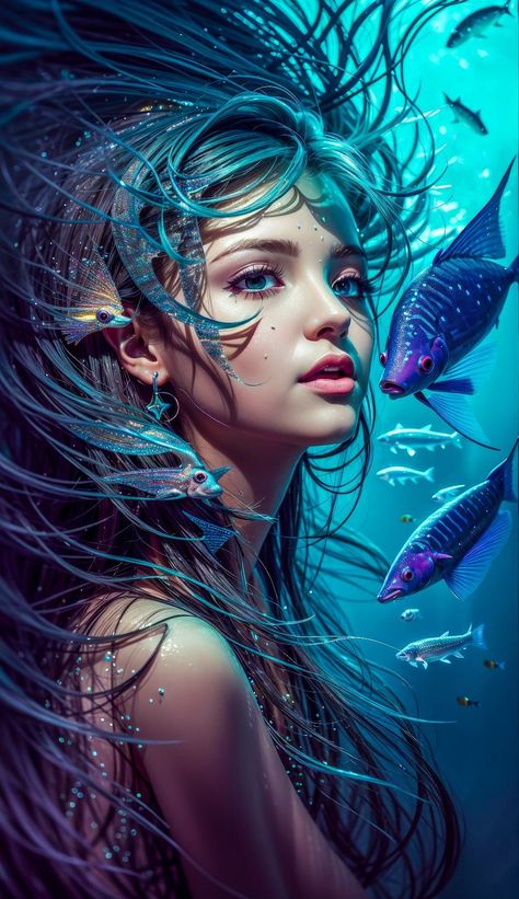 Mermaid beauty Ocean Woman Art, Underwater Face Painting, Siren Portrait, Line Art Tattoo Ideas, Face Underwater, Beautiful Mermaid Art, Water On Face, Mermaid Pics, Mermaid Fantasy Art