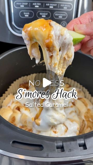 LORAfied | HACKS: Home • Kitchen • Life on Instagram: "🤩🔥 S’MORES HACK: NO MESS 🤯❤️ Comment: “kitchen” and I’ll DM you everything you see me using, including my air fryer liners, marble salt container and my other fav kitchen essentials 🤗 Are you a messy s’mores fan? I’m not either 😂 I love the ooey gooey warm marshmallow, but the struggling for a baby wipe over an open fire isn’t my favorite part of the experience. This is the EASIEST S’MORES HACK EVER! It all happens indoors and if needed, you’re close to a sink for your hands 🤣 BTW: you can dip whatever you’d like in this or just eat it plain…I’m just going to put a good word in for the bacon, it’s life changing 😋

LORAfied S’mores (measure all with your ♥️)
Layer in this order:
Marshmallows 
Caramel
Butterscotch Chips
Flaky Sea Salt Container, Air Fryer Liners, Kitchen Favorites, Kitchen Time, Baby Wipe, Grilled Onions, Sharp Knife, Mom Friend, Salt Air