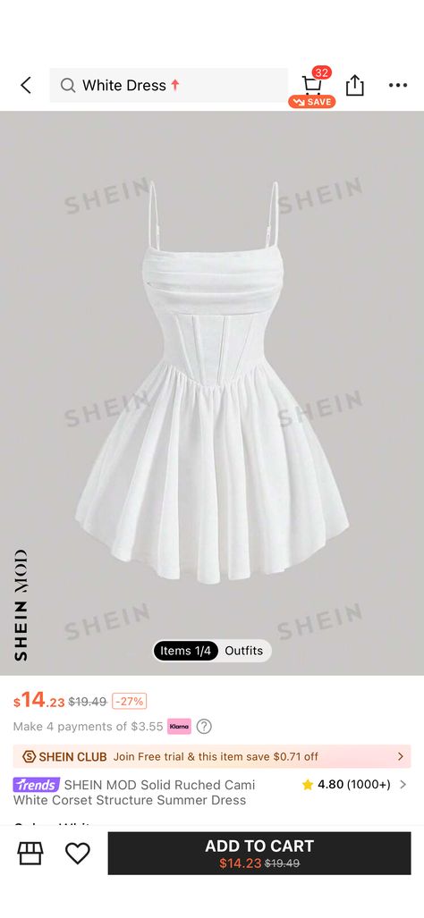 SHEIN MOD Solid Ruched Cami White Corset Structure Summer DressI discovered amazing products on SHEIN.com, come check them out! White Graduation Dress High School, Graduation Dress High School, Corset Top Dress, White Dresses Graduation, White Spaghetti Strap, White Cami, White Corset, Shein Dress, Beautiful Shorts