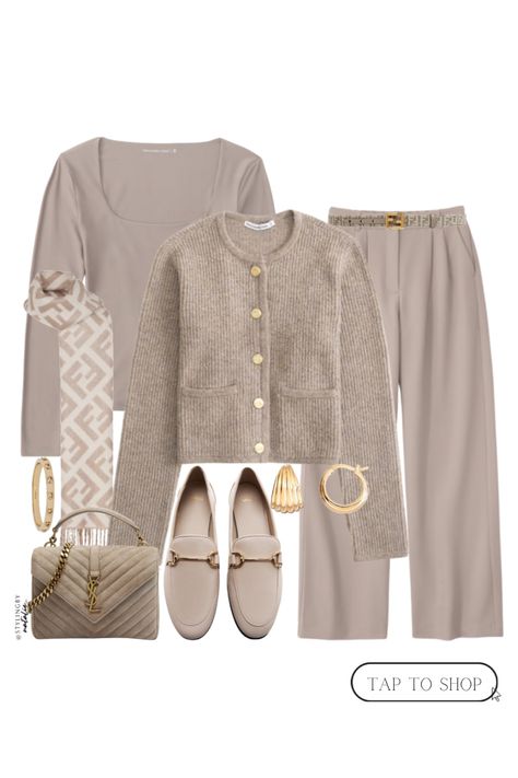 Winter work outfit inspo- Taupe tuckable square neck top, tailored trousers, ribbed knit collarless cardigan with gold buttons, Fendi belt & Scarf, loafers, YSL suede college bag & gold jewellery. Neutral outfit, work wear, office outfit, work outfits, smart casual chic Taupe Bag Outfit, Office Outfit Winter, Trousers Outfit Work, Winter Outfits Work, Taupe Outfit, Winter Work Outfit, Wide Leg Trousers Outfit, 2025 Style, Shop The Outfit