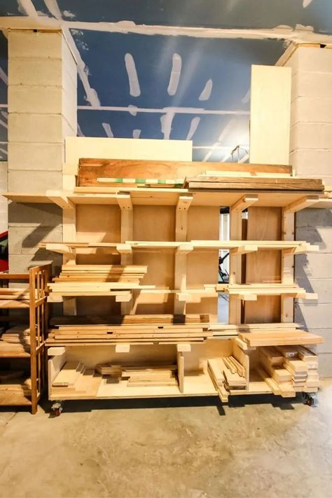 Are you tired of tripping over tools and shuffling through clutter in your garage? At Robert Kline Art, we believe in the power of DIY, and transformi... Wood Storage Cart, Scrap Wood Storage, Garage Shelving Ideas, Lumber Storage Rack, Wood Cart, Plywood Storage, Lumber Rack, Lumber Storage, Build A Frame