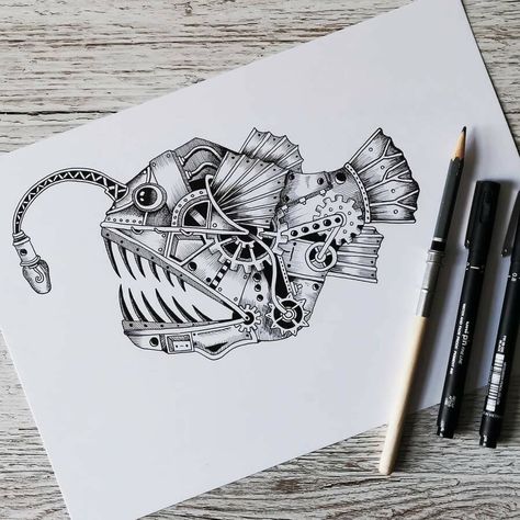 Steampunk Art Drawing Sketches, Steam Punk Drawing, Robotic Fish Drawing, Angler Fish Drawing, Chester Tattoo, Steampunk Bird Drawing, Steampunk Tattoos, Steampunk Animals Drawing, Steampunk Fish Drawings