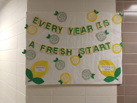 Lemon Door Decorations Classroom, Lemon Classroom Door Ideas, Fruit Themed Bulletin Board, Lemon Theme Classroom Decor, Lemonade Classroom Theme, Citrus Classroom Theme, Lemon Bulletin Board Ideas, Lemon Theme Classroom, Clubhouse Decorations