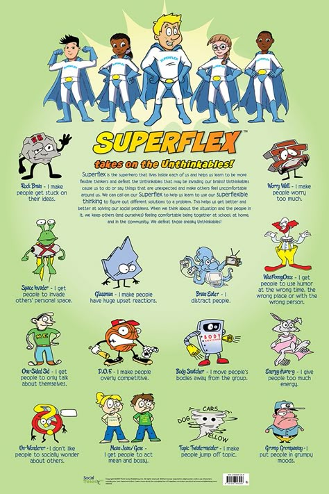 Superflex-Unthinkables-Poster.ashx (667×1000) Social Thinking Curriculum, Flexible Thinking, Social Skills Groups, Social Skills Activities, Teaching Social Skills, Social Communication, Social Thinking, School Social Work, School Psychology