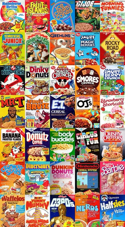 90s Breakfast, 80s Breakfast, Retro Food Ads, Cereal Box Illustration, 80s Food Packaging, 80s Snacks, Vintage Cereal, 80s Sweets, 80s Cereal