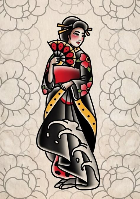 American Traditional Geisha Tattoo, American Traditional Tattoos Japanese, Traditional Style Anime Tattoo, American Traditional Tattoos Anime, American Traditional Japanese Tattoo, Old Tattoos Vintage, Japanese Old School Tattoo, Japanese Traditional Tattoo Design, Traditional Geisha Tattoo