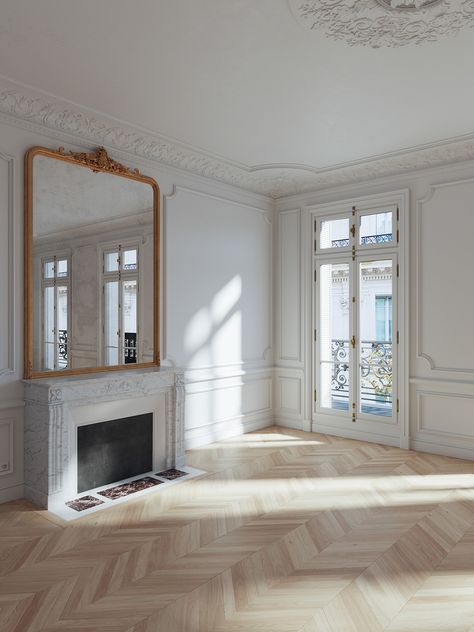 French Apartment Fireplace, Paris Haussmann Apartment, French Apartment Interior Design, French Apartment Inspiration, Modern Parisian Interior Kitchen, Haussmann Interior Paris Apartments, Parisian Modern Interior, Modern Parisian Interior Living Rooms, Parisian Panelling