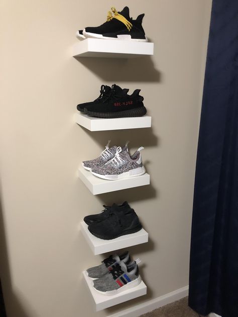 Shelves For Shoes On Wall, Diy Floating Shoe Shelves, Floating Shelves Shoes, Floating Shelves For Shoes, Uni Necessities, Floating Shoe Shelves, Square Floating Shelves, Floating Shelves With Lights, Bedroom Things