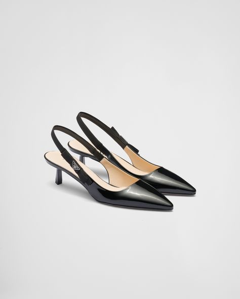 Black Patent Leather Slingbacks | PRADA What To Wear To Church, Ivory Pumps, Metal Lettering, Velvet Pumps, Court Heels, Fall 24, Womens Chunky Heels, Lettering Logo, Slingback Shoes