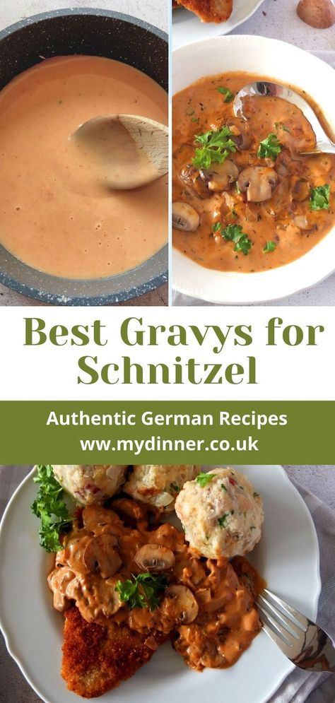 Different sauces for schnitzel. Schnitzel Gravy Recipe, Schnitzel Gravy, Sauces For Pork, Gravy Mushroom, Sauces For Chicken, Pork Schnitzel Recipe, German Schnitzel, Best Sauces, German Food Authentic