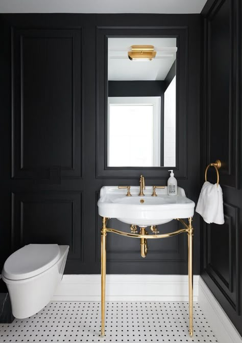 Pretty in pops of pink Black Powder Room, Gold Sink, Console Sink, Downstairs Toilet, Bad Inspiration, Wall Mounted Sink, Powder Room Design, Custom Vanity, Downstairs Bathroom