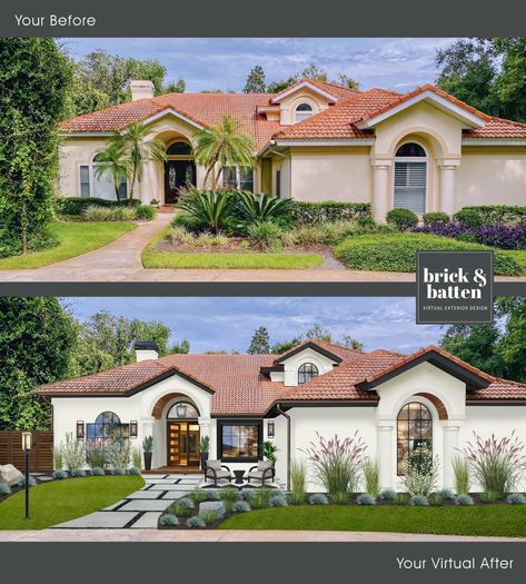 Transitional Style Home Exterior, Terracotta Roof House Exterior Colors, Modern Spanish House Exterior, Spanish Style Exterior Paint Colors, Spanish Ranch Style Homes, Terracotta Roof House, Florida Homes Exterior, Spanish House Exterior, Spanish Style Home Exterior