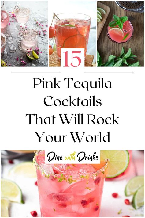 Collage of 4 pink tequila cocktails. Pink Cocktails Tequila, Pink Brunch Cocktails, Galentines Cocktails Tequila, Pink Lemonade Tequila Drink, Big Batch Pink Cocktail, Pink Alcoholic Drinks For A Party Tequila, Cute Pink Cocktails, Pink Paloma Cocktail, Cute Tequila Cocktails