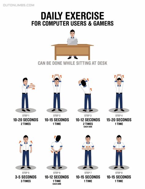 Daily stretching exercises for computer users and gamers. Desk Stretching, Desk Workout, Office Yoga, Chiropractic Wellness, Office Exercise, Daily Exercise, Trening Fitness, Stretching Exercises, Health Promotion