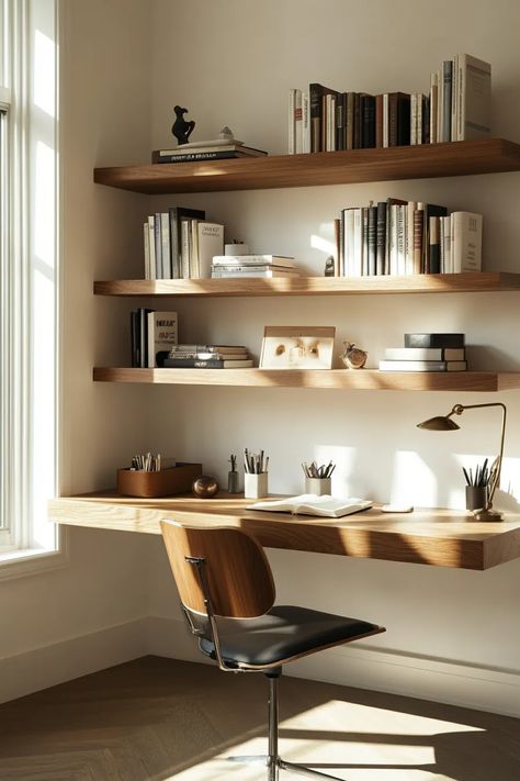 Home office ideas mid century modern with sleek wooden shelves desk and vintage chair mid century modern home office