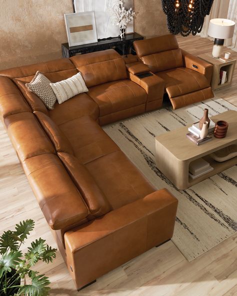 Chapman Leather Living Room Reclining Sectional Sectional And Recliner Living Room, Men Apartment Decor Living Room, Brown Leather Couches, Leather Sectional Living Room, Brown Leather Couch Living Room, Tan Leather Couch, Basement Update, Leather Reclining Sectional, Barn Remodel