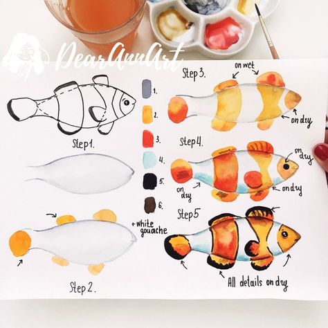 Summer Challenge, Step By Step Watercolor, Learn Watercolor, Watercolor Projects, Watercolor Painting Techniques, Watercolor Art Lessons, Watercolor Paintings Tutorials, Water Colors, Clown Fish