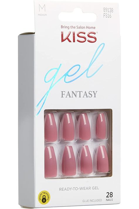 KISS Gel Fantasy Sculpted Long Fake Nails - Letter To Ur EX, Pink, Easy To Apply, Easy Removal, Up To 7 Day Wear, Medium Length, Coffin Shape, Long Lasting, Ultra Durable &amp; Flexible  28 Count Kiss Gel Fantasy Nails, Kiss Products, Kiss Pink, Sculpted Nails, Pink Gel Nails, Kiss Nails, Gel Glue, Fantasy Nails, Pink Gel